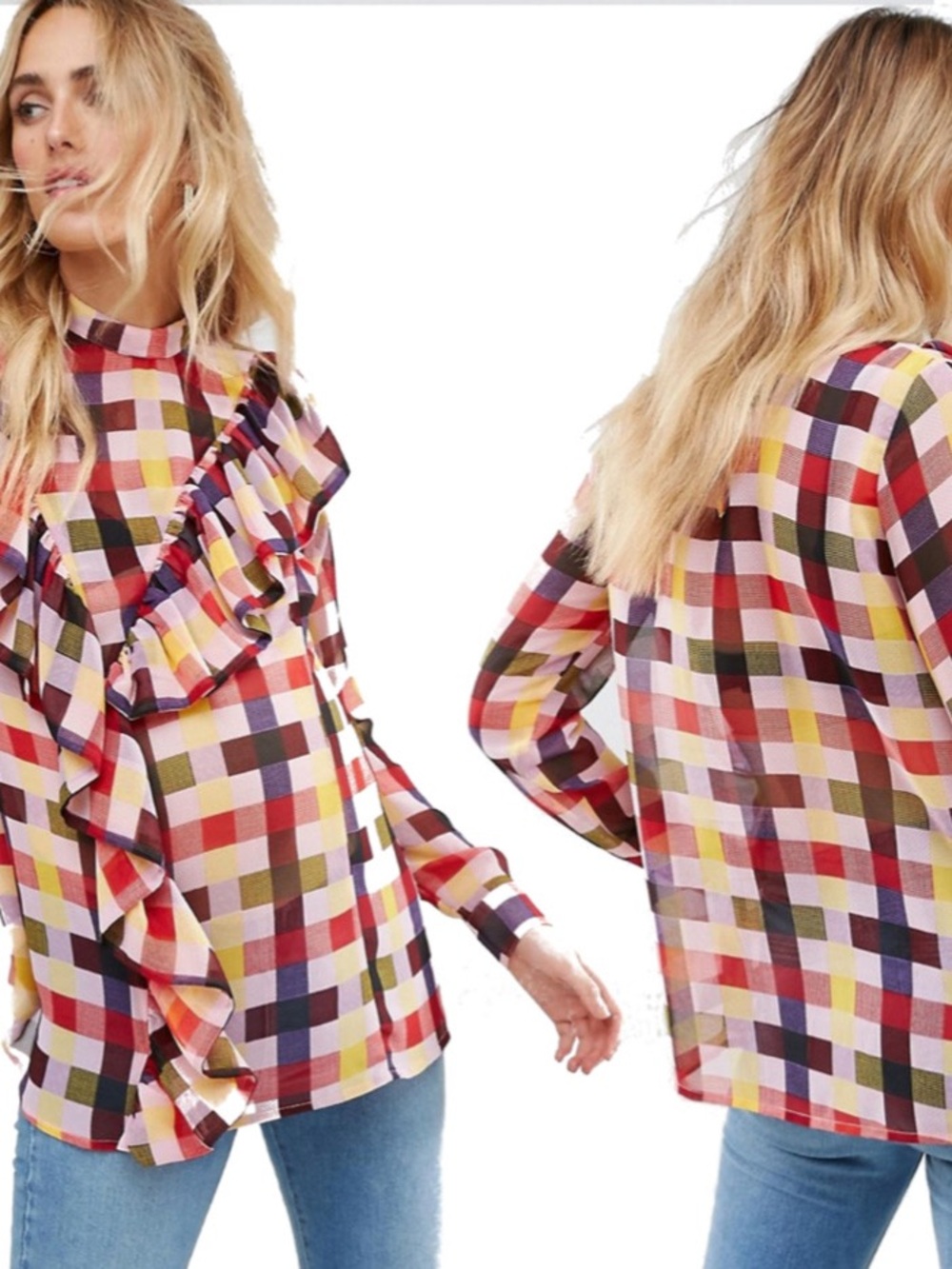 Women’s ASOS Pink Red Yellow Sheer Checkered Ruffled Long Sleeve Top Size 6 EUC